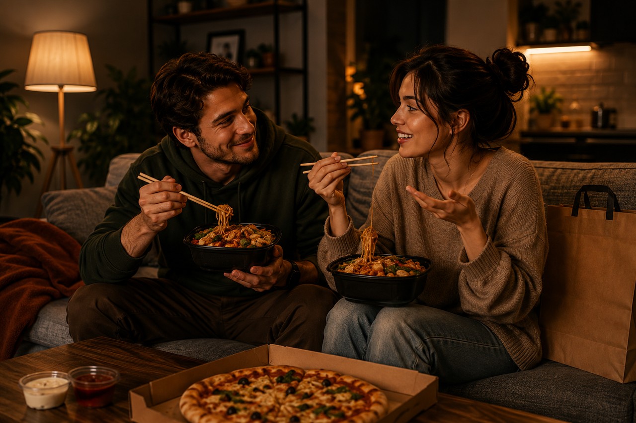 Пара дома ест лапшу wok из доставки и улыбается друг другу